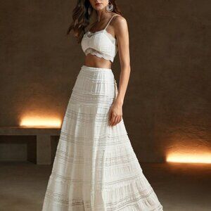 White Elegant Womens European Lace Two-Piece Set